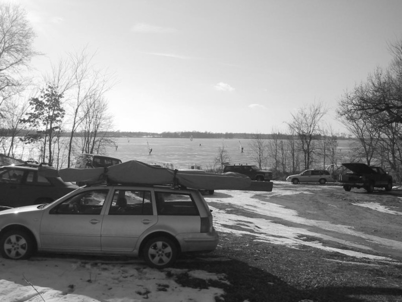 ice surfers on swede lake, minnesota